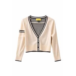 St John Cream Black Trim Cardigan Sweater Lightweight Striped Size Small